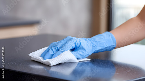 Gloves And Wipe Cleaning A Countertop Surface