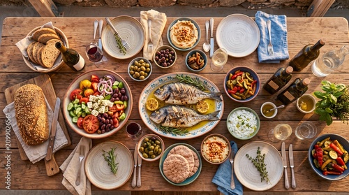 Grilled fish fresh salad olives hummus pita bread and tzatziki create vibrant Mediterranean diet meal on rustic wooden table evoking warm inviting atmosphere