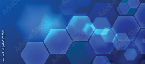 Billede på lærred Blue abstract background with translucent hexagons and bokeh lights