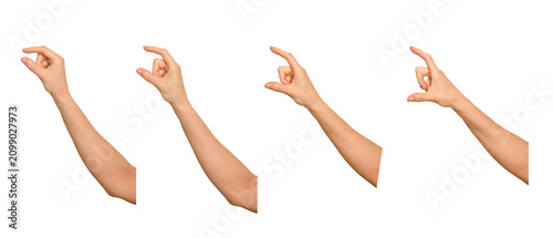 Female hand pinches fingers apart showing an invisible object. Gesture suggests holding something