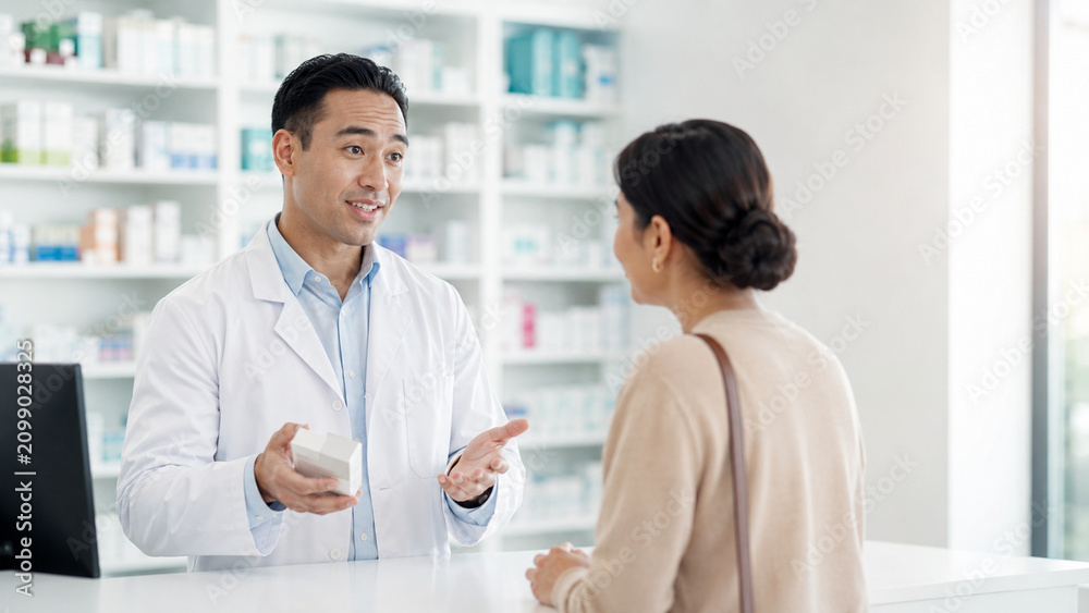 Fototapeta premium Professional pharmacist consulting customer in modern pharmacy