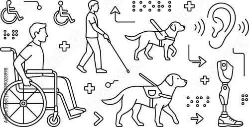 Foto Accessibility and disability line icon set with wheelchair user blind man guide