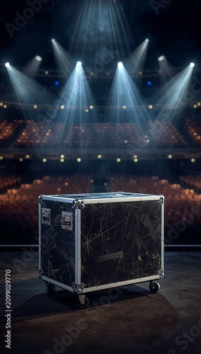 Professional audio equipment flight case positioned on a theater stage under dramatic spotlights with an empty auditorium in the background.