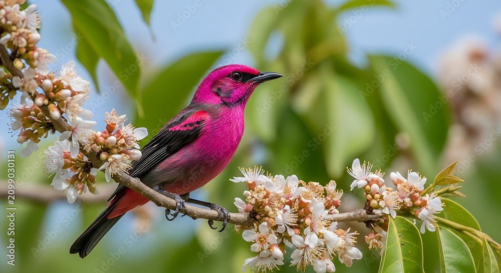 Obraz premium Vivid Pink Songbird Perched on Flowering Branch in Sunny Spring Garden