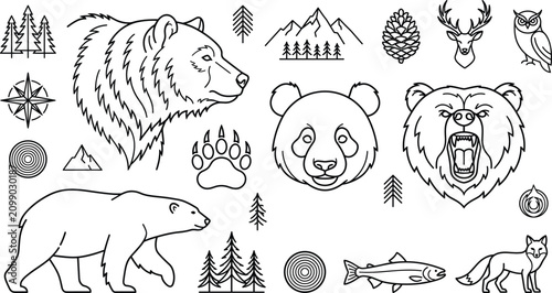 Fényképezés Wild bear line art icons vector collection set featuring grizzly panda polar for