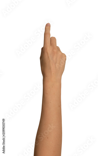Female index finger taps an invisible touchscreen. Gesture suggests clicking, selecting, or