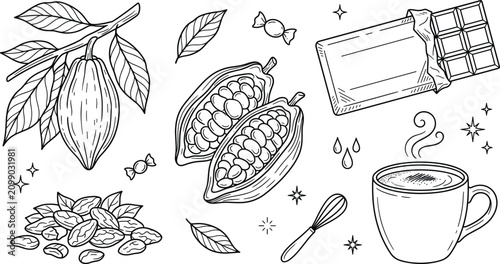 Konstfotografi Cocoa and chocolate hand drawn line art illustration set with cocoa pod beans ba