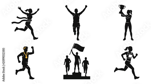 Quadro su tela Marathon Winner Champion Runner Black Silhouette Vector Set Featuring Victorious