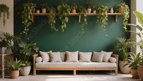 Minimalist Living Room with Green Wall, Wooden Sofa, and Abundant Houseplants