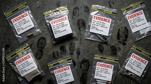 Several plastic evidence bags with labels on a dark surface for criminal investigation and forensic analysis