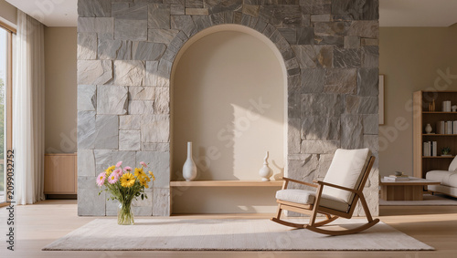 Minimalist Living Room with Stone Wall Arch, Rocking Chair and Elegant Decor