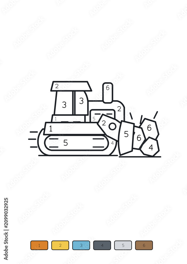 Fototapeta premium Bulldozer Pushing Rocks Color by Number Worksheet for Kids