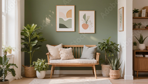 Minimalist Living Room with Wooden Bench and Green Wall Decor