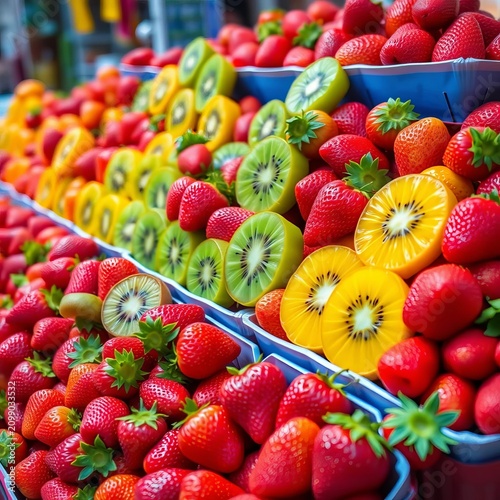 Colorful pyramids of fresh strawberries and kiwis on display, fresh, pyramids