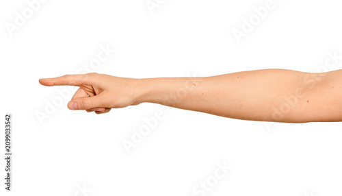 Female right hand points toward the left side. Index finger extends fully in a directional gesture.