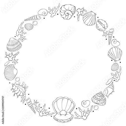 Round frame made of outline seashells. Vector marine wreath, border hand drawn in doodle style, isolated on white background. Suitable for summer design, kids activity or coloring book