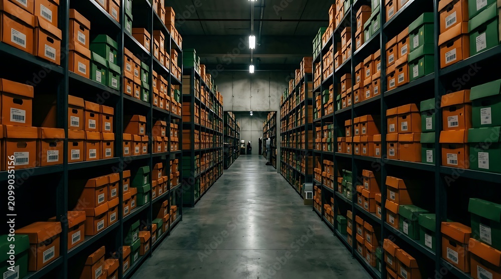 Fototapeta premium Rows of cardboard boxes stored on tall metal shelves in a large dark industrial warehouse distribution center