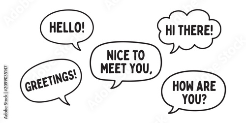 Set of hand drawn speech bubbles with friendly greeting text phrases for social media design Vector