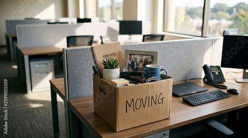 Cardboard box with personal belongings for moving day sitting on an office desk in a professional workspace