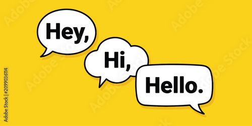 Speech bubbles with greeting text hey hi and hello on a bright yellow background pattern Vector