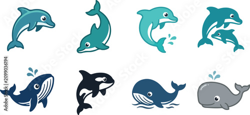 Foto Blue dolphin jumping and whale blowhole splash vector clip art