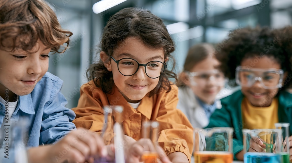 Obraz premium Young children wearing safety goggles and holding test tubes while conducting science experiments at a lab table