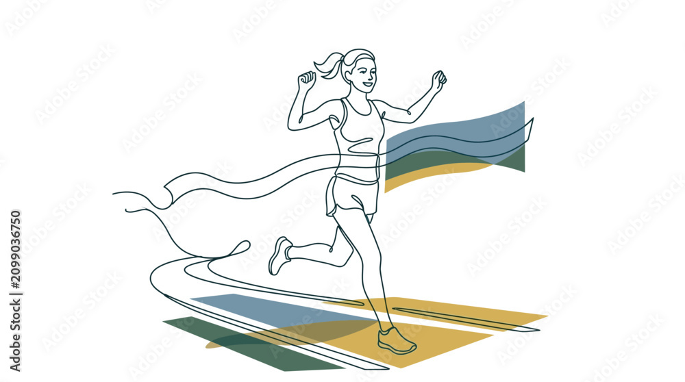 Naklejka premium Minimalist Line Art of Winning Female Runner Crossing Finish Line 