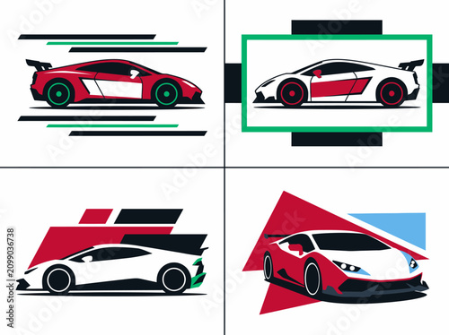 Fotografie Set of 4 Stylized Supercar Vector Illustrations with Geometric Backgrounds