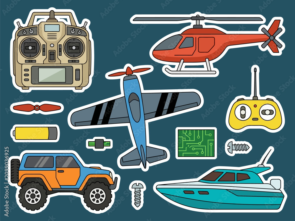 Naklejka premium Remote Control Hobby Sticker Set with RC Car, Plane, Helicopter, Boat, and Controllers