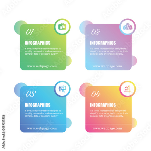 Infographic elements present a four step workflow process with gradient colored square text boxes.