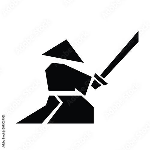Samurai warrior silhouette holds a traditional katana sword while kneeling in a defensive combat stance.