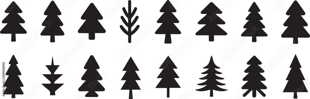 Obraz premium Evergreen Pine Tree Silhouette Icon Set with Forest Nature Christmas Editable Vector Collection for Branding Design