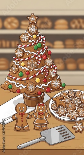 Decorated Gingerbread Christmas Tree Displayed on Wooden Bakery Table