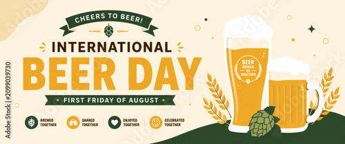 Bild auf Leinwand International Beer Day Flat Vector Poster with Beer Bottles and Modern Minimal D