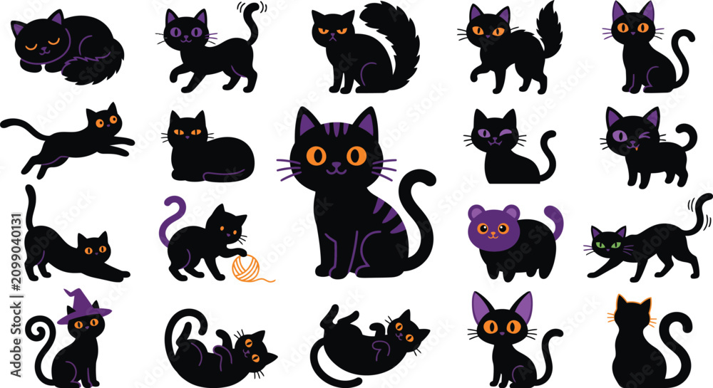 Fototapeta premium Black cats in various poses and halloween costumes