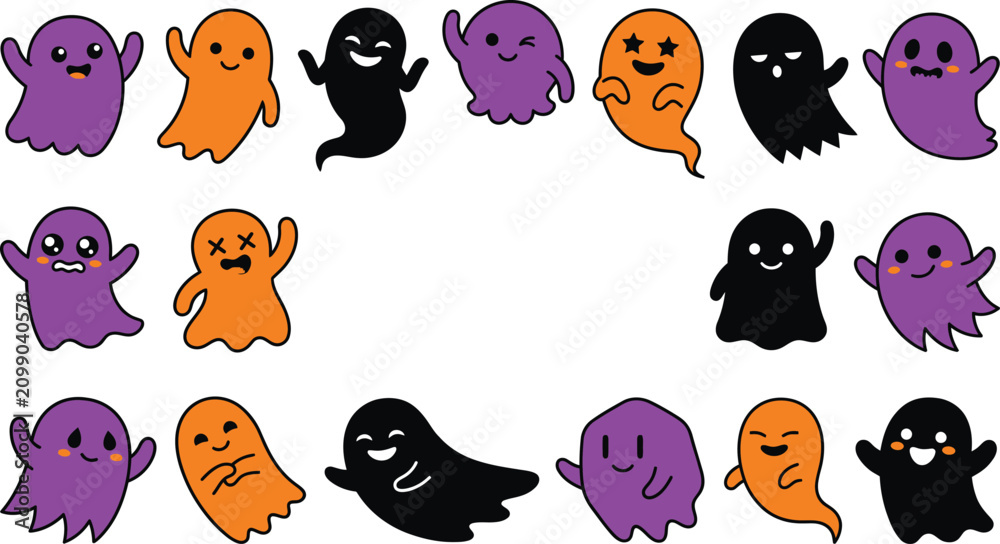 Obraz premium Cute ghost characters in different colors and emotions