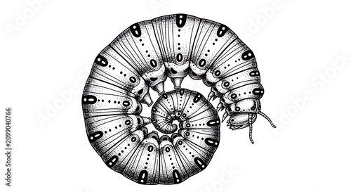 Detailed Black and White Caterpillar Curled in Spiral on Plain White Background