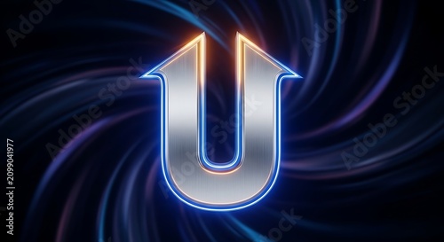 Glowing Metallic Letter U Shining on Abstract Dark Swirling Neon Background