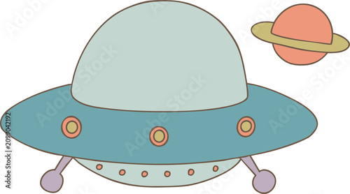 Cute retro ufo flying saucer spaceship with a small planet in outer space hand drawn vector illustration 