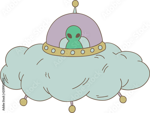 Cute green alien flying a retro cloud shaped ufo spaceship hand drawn vector illustration 