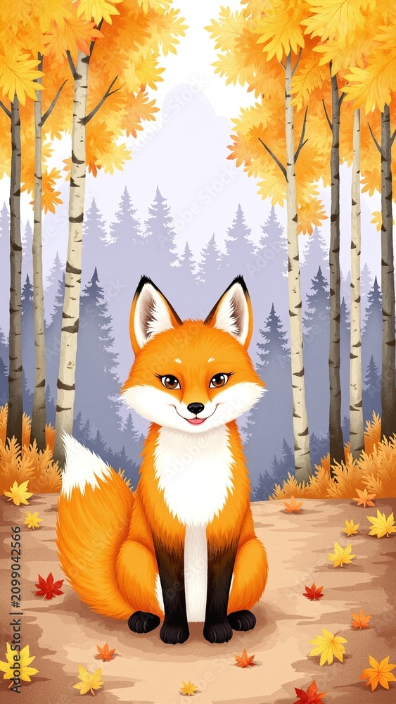 Fototapeta premium Smiling Fox in Autumn Watercolor