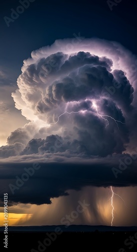 Dramatic Thunderstorm Cloud Illuminated by Lightning Over Dark Open Landscape