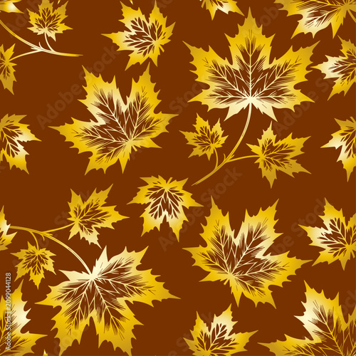 Seamless continuous maple leaf pattern with golden gradient on brown  background.eps