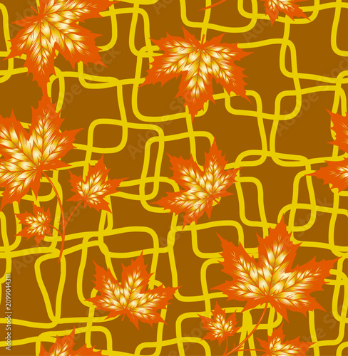 Seamless continuous geometric lattice pattern of uneven squares with rounded corners with maple leaves and a golden gradient on a brown background.eps