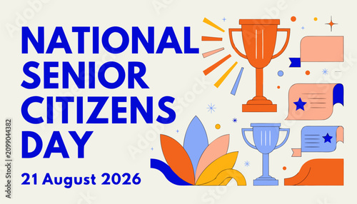 National senior citizens day banner featuring vibrant trophies and abstract shapes