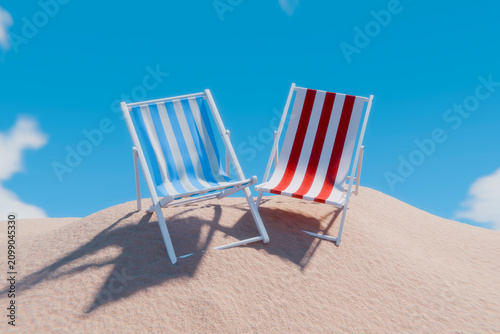 Fotografie Striped Beach Chairs on White Sand with Bright Blue Summer