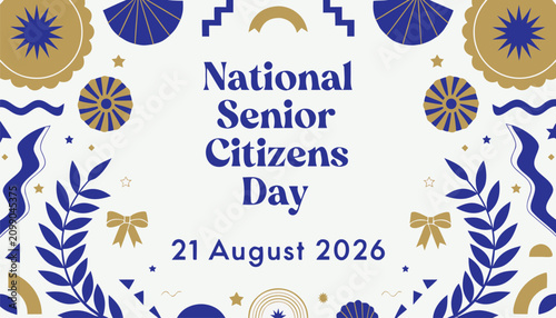National senior citizens day celebration banner with blue and gold decorations