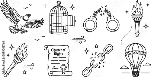 Freedom and civil rights line icon set with flying eagle open birdcage broken handcuffs torch charter scroll chain
