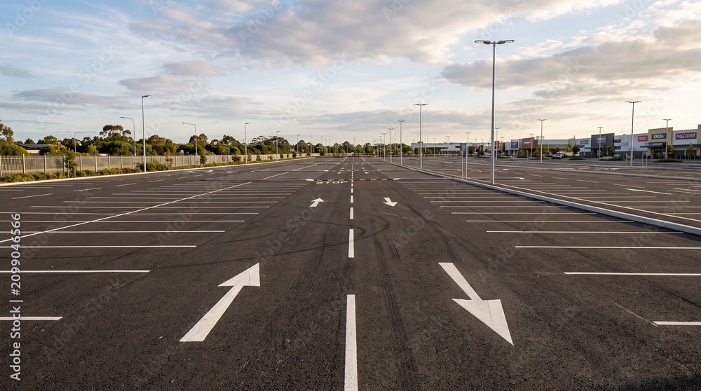 Fototapeta premium Empty parking lot with painted white lines and directional arrows on a sunny day with a clear blue sky and retail stores in the background