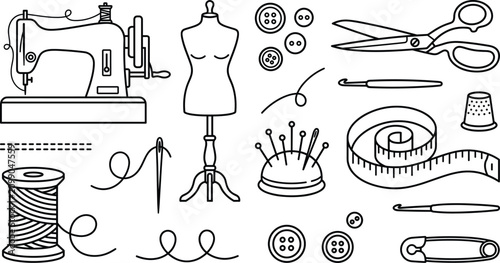 Photos Sewing and tailoring line icon set with machine mannequin scissors thread needle